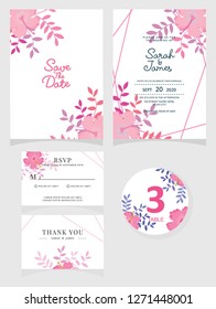 wedding invitation card template Vector illustration. Set of card with flower rose  leaves