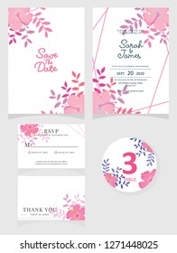 wedding invitation card template Vector illustration. Set of card with flower rose  leaves