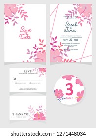 wedding invitation card template Vector illustration. Set of card with flower rose  leaves