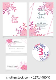 wedding invitation card template Vector illustration. Set of card with flower rose  leaves