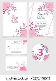 wedding invitation card template Vector illustration. Set of card with flower rose  leaves