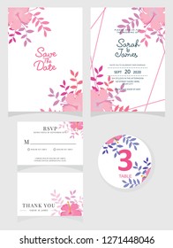 wedding invitation card template Vector illustration. Set of card with flower rose  leaves