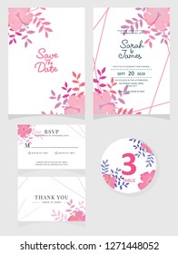 wedding invitation card template Vector illustration. Set of card with flower rose  leaves