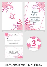 wedding invitation card template Vector illustration. Set of card with flower rose  leaves