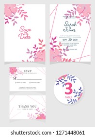 wedding invitation card template Vector illustration. Set of card with flower rose  leaves