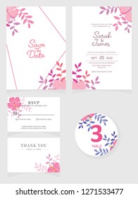 wedding invitation card template Vector illustration. Set of card with flower rose  leaves