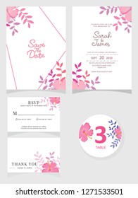 wedding invitation card template Vector illustration. Set of card with flower rose  leaves