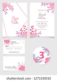 wedding invitation card template Vector illustration. Set of card with flower rose  leaves