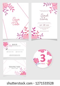 wedding invitation card template Vector illustration. Set of card with flower rose  leaves