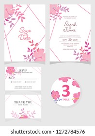 wedding invitation card template Vector illustration. Set of card with flower rose  leaves