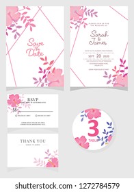 wedding invitation card template Vector illustration. Set of card with flower rose  leaves