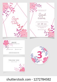 wedding invitation card template Vector illustration. Set of card with flower rose  leaves
