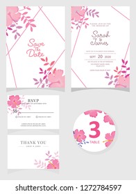 wedding invitation card template Vector illustration. Set of card with flower rose  leaves