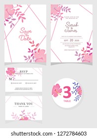 wedding invitation card template Vector illustration. Set of card with flower rose  leaves