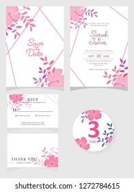 wedding invitation card template Vector illustration. Set of card with flower rose  leaves