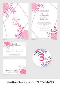 wedding invitation card template Vector illustration. Set of card with flower rose  leaves