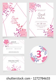 wedding invitation card template Vector illustration. Set of card with flower rose  leaves