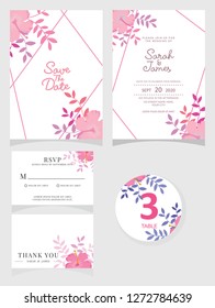 wedding invitation card template Vector illustration. Set of card with flower rose  leaves