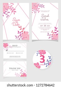 wedding invitation card template Vector illustration. Set of card with flower rose  leaves