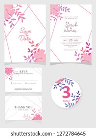 wedding invitation card template Vector illustration. Set of card with flower rose  leaves