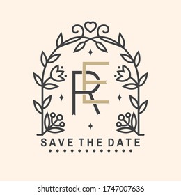 Wedding invitation card template. Vector. Thin line geometric badge. Outline icon for save the date invitation card design. Modern minimalist design with wedding arch and leaf, flowers decor