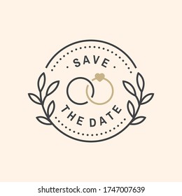 Wedding invitation card template. Vector illustration. Thin line geometric badge. Outline icon for save the date invitation card design. Modern minimalist design with wedding rings and leaf decor