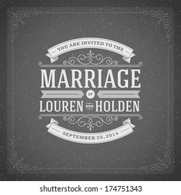 Wedding invitation card template vector vintage backgroud.  Retro typographic