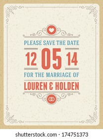 Wedding invitation card template vector vintage backgroud.  Retro typographic