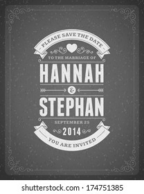 Wedding invitation card template vector vintage backgroud.  Retro typographic