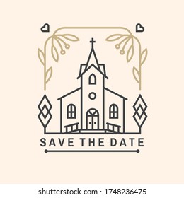 Wedding invitation card template. Vector illustration. Thin line geometric badge. Outline icon for save the date invitation card design. Modern minimalist design with wedding church and leaf decor