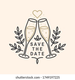 Wedding invitation card template. Vector illustration. Thin line geometric badge. Outline icon for save the date invitation card design. Modern minimalist design with champagne glass