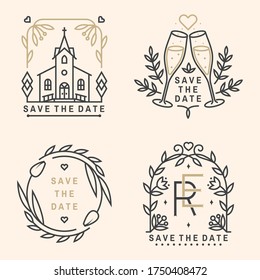 Plantilla de tarjeta de invitación de boda. Vector. Geométrica de línea delgada. Icono de esquema para guardar la tarjeta de invitación de fecha. Diseño minimalista moderno con iglesia de bodas, arco, anillos, vidrio de champán, hoja, flores