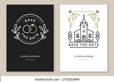 Wedding invitation card template. Vector. Thin line geometric badge. Outline icon for save the date invitation card design. Modern minimalist design with wedding church, arch, rings and leaf, flowers