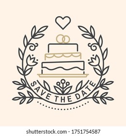 Wedding invitation card template. Vector illustration. Thin line geometric badge. Outline icon for save the date invitation card design. Modern minimalist design with wedding cake and leaf decor