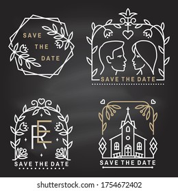 Plantilla de tarjeta de invitación de boda. Vector. Señal geométrica de línea delgada. Icono de esquema para guardar el diseño de la tarjeta de invitación de fecha. Diseño minimalista moderno con iglesia de boda, arco, recién casados, hoja, flores
