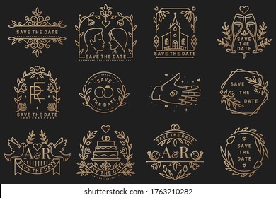 Plantilla de tarjeta de invitación de boda. Vector. Señal geométrica de línea delgada. Icono de esquema para guardar el diseño de la tarjeta de invitación de fecha. Diseño minimalista moderno con iglesia de boda, arco, anillos y hojas, flores