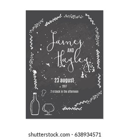 Wedding invitation card template vector. Grunge style. Frame of plant branches. A bottle of alcohol and a glass