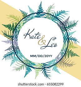 Wedding invitation card template, vector fern frond frame circle design with names and date. Plant leaves decoration on white background. Bracken grass green and blue round border.