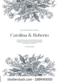 Wedding invitation card template.  Vintage botanical illustration.