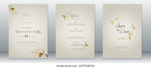 Wedding invitation card template vintage design with nature leaf and watercolor background