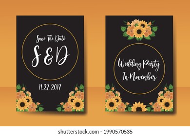 Wedding invitation Card Template Watercolor Sunflower Design.