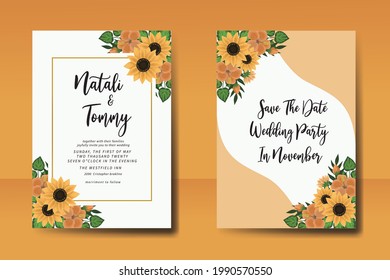 Wedding invitation Card Template Watercolor Sunflower Design.