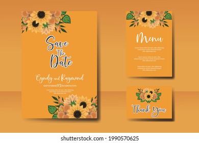 Wedding invitation Card Template Watercolor Sunflower Design.