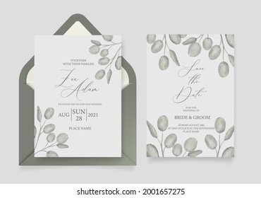 Wedding invitation card template, with watercolor eucalyptus, green leaves, brunches, and handmade calligraphy