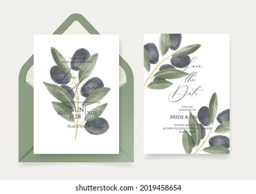 Wedding invitation card template, with watercolor olive branch, green leaves, brunches, and handmade calligraphy