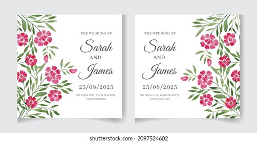 Wedding invitation card template with watercolor flowers, leaves. Elegant wedding cards, Floral Frame design , vector isolated and editable, square flyer, save the date, hand drawn Greeting Card.