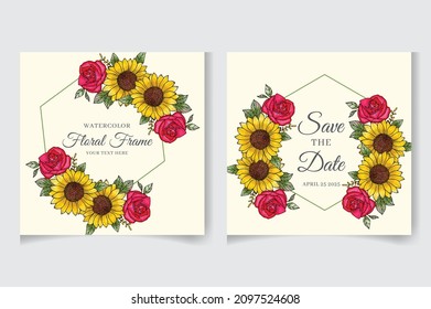 Wedding invitation card template with watercolor flowers, leaves. Elegant wedding cards, Floral Frame design , vector isolated and editable, square flyer, save the date, hand drawn Greeting Card.
