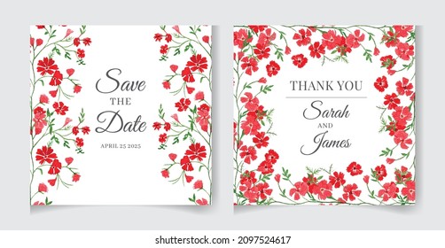 Wedding invitation card template with watercolor flowers, leaves. Elegant wedding cards, Floral Frame design , vector isolated and editable, square flyer, save the date, hand drawn Greeting Card.