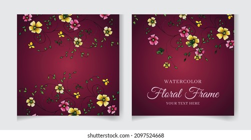 Wedding invitation card template with watercolor flowers, leaves. Elegant wedding cards, Floral Frame design , vector isolated and editable, square flyer, save the date, hand drawn Greeting Card.