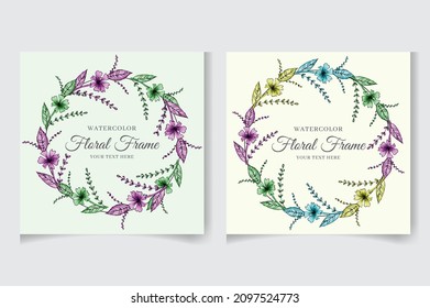 Wedding invitation card template with watercolor flowers, leaves. Elegant wedding cards, Floral Frame design , vector isolated and editable, square flyer, save the date, hand drawn Greeting Card.